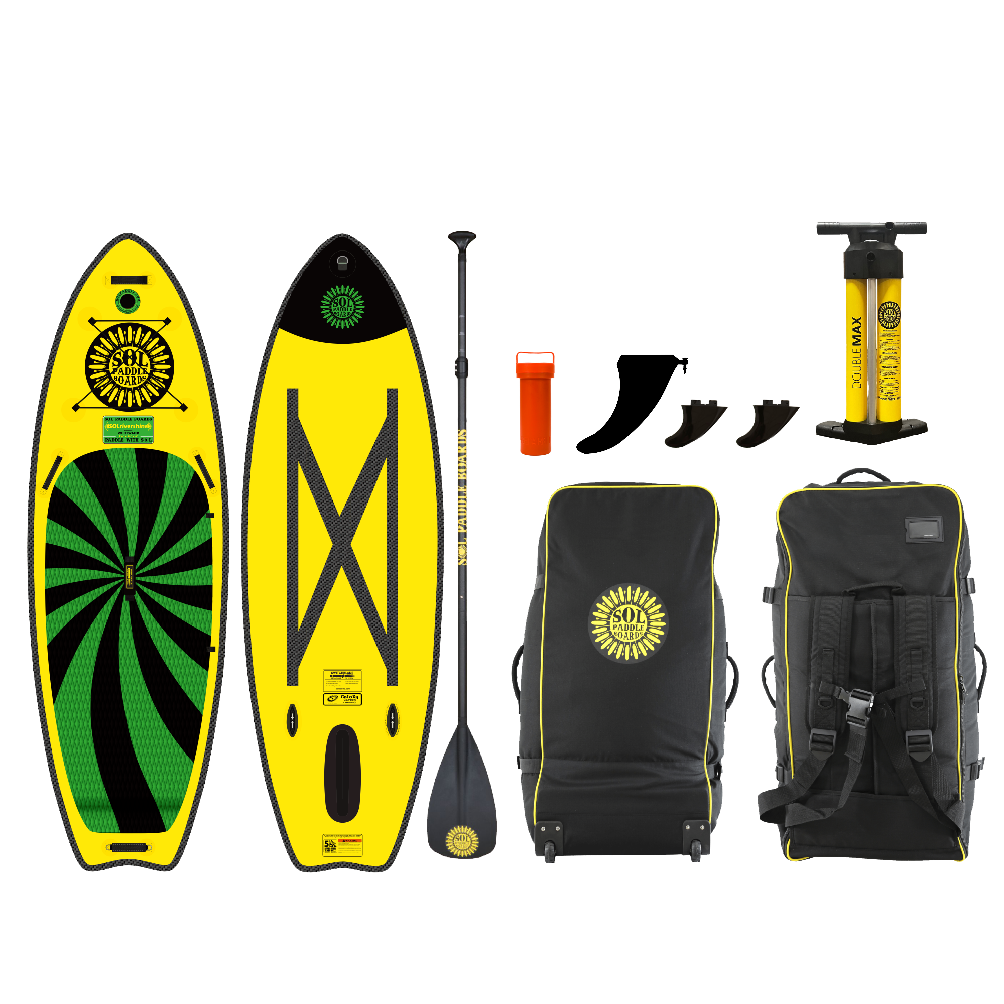 Carbon SOLrivershine inflatable paddle board with all of the accessories it comes with. 