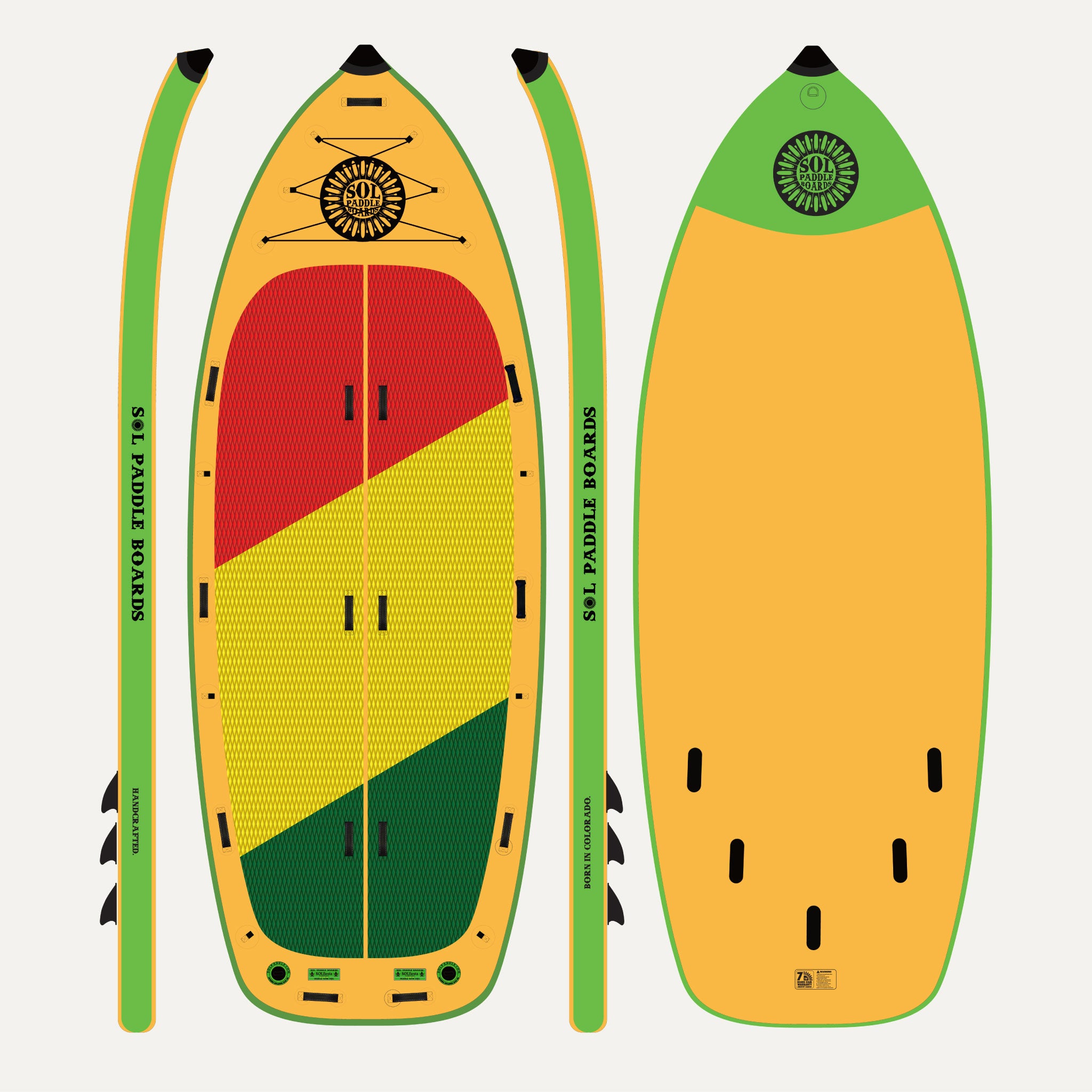 Classic SOLfiesta Inflatable Paddle Board showcasing all four sides of the SUP board