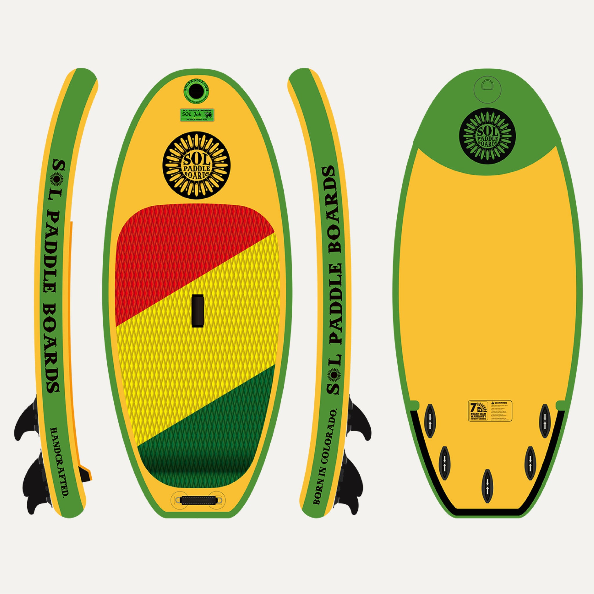 Classic SOLjah Inflatable River Surfboard showcasing all four sides of the river surfboard