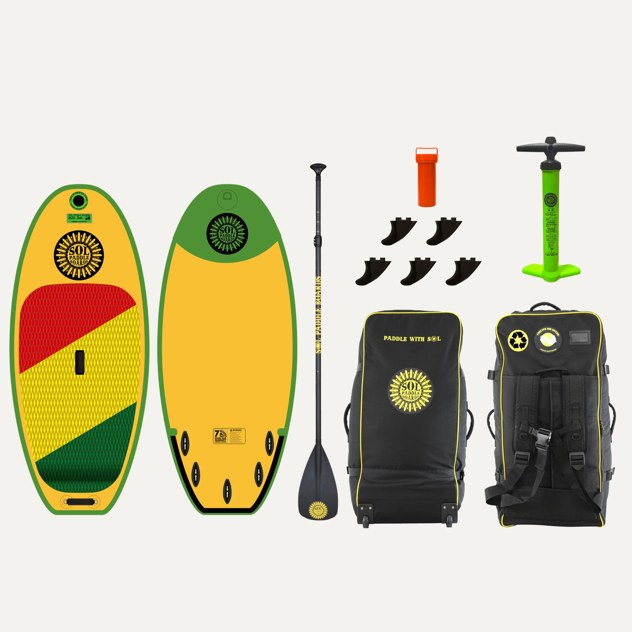 Classic SOLjah Inflatable River Surfboard showcasing the top and bottom views of the river surfboard and the accessories that come with it