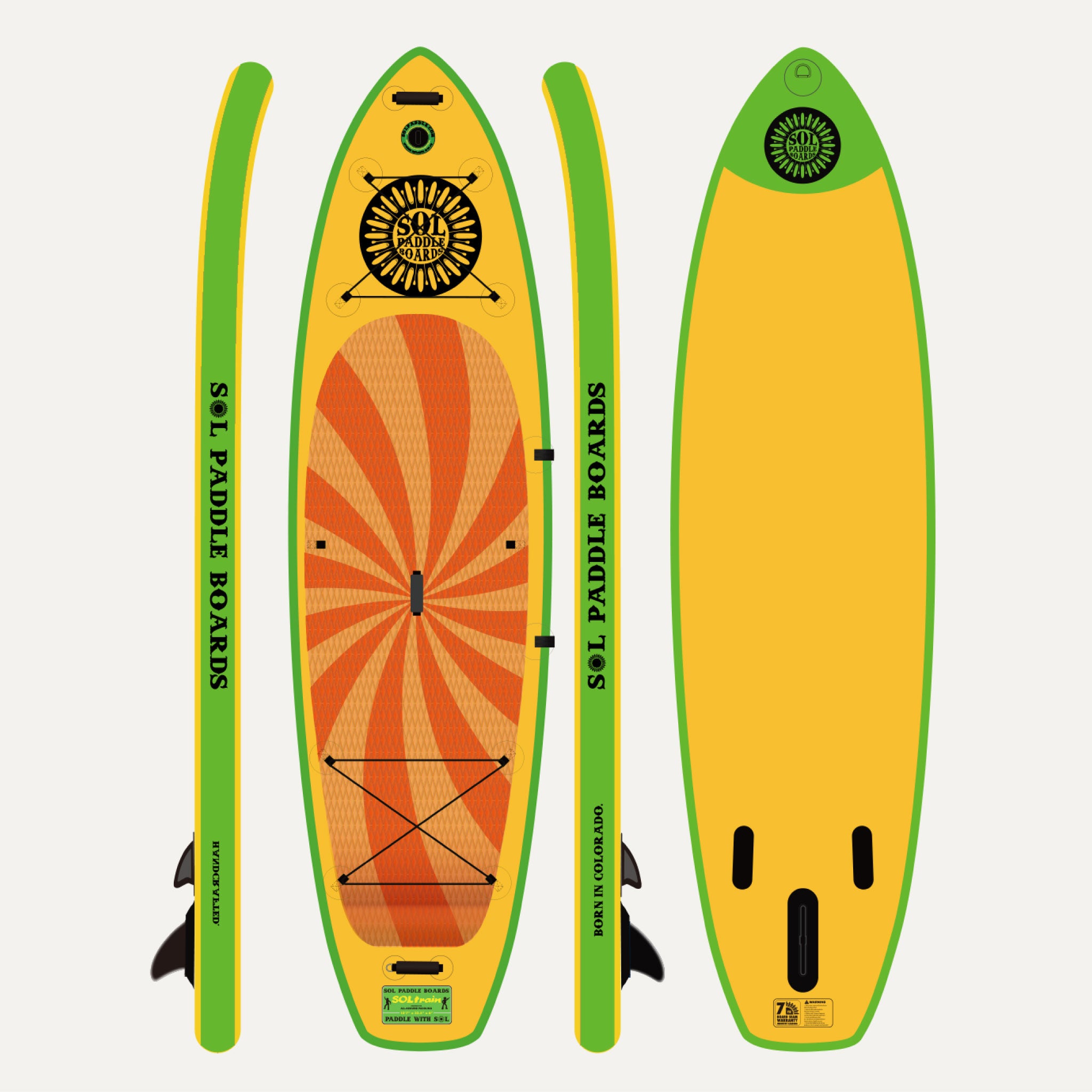 Classic SOLtrain Inflatable Paddle Board showcasing all four sides of the SUP board 