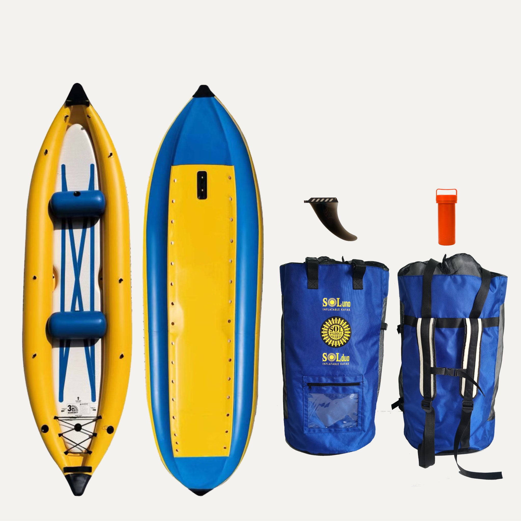 GalaXy SOLduo Double Inflatable Kayak showcasing the top and bottom views of the kayak and the accessories that come with it