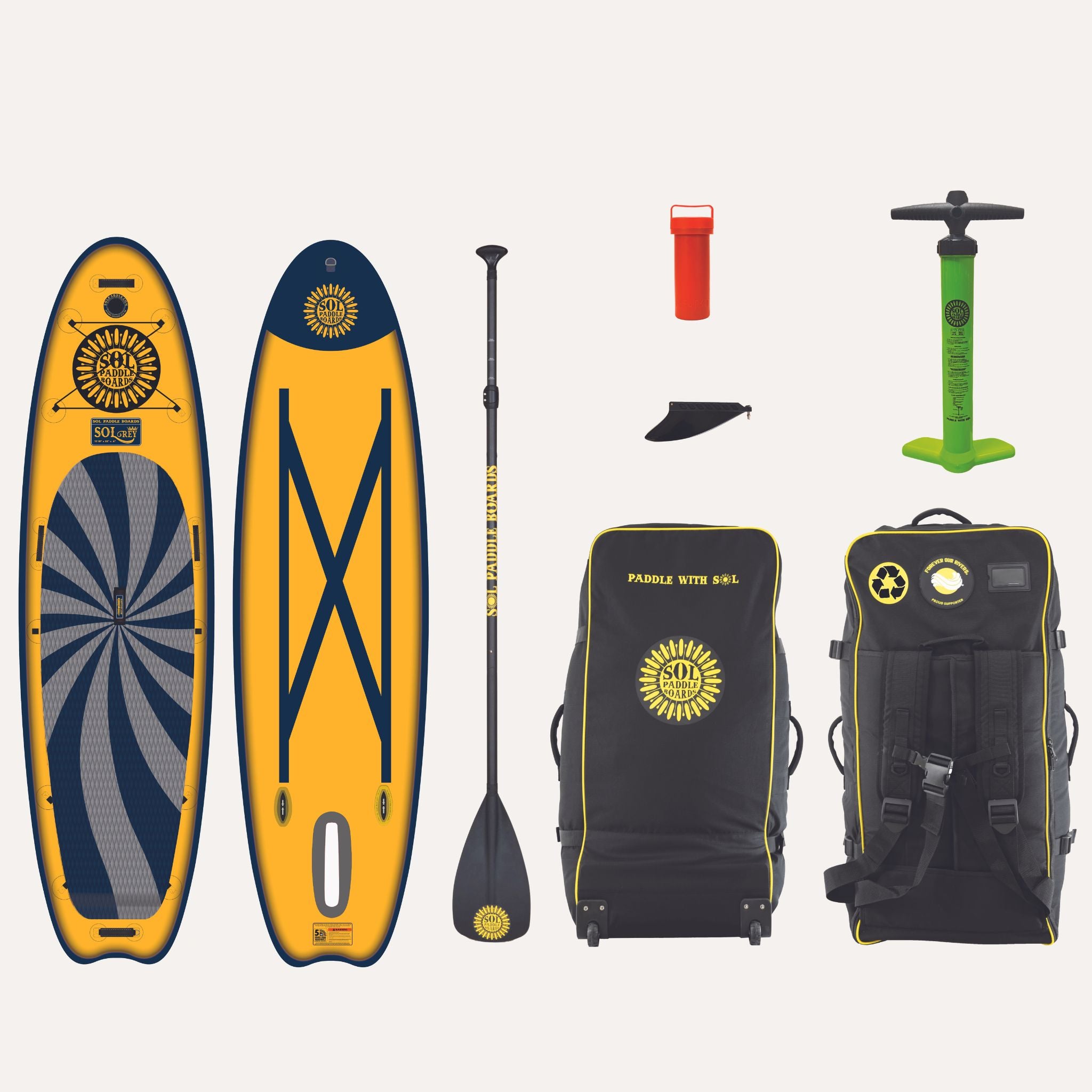 GalaXy SOLrey Inflatable Paddle Board showcasing the top and bottom views of the SUP board and the accessories that come with it
