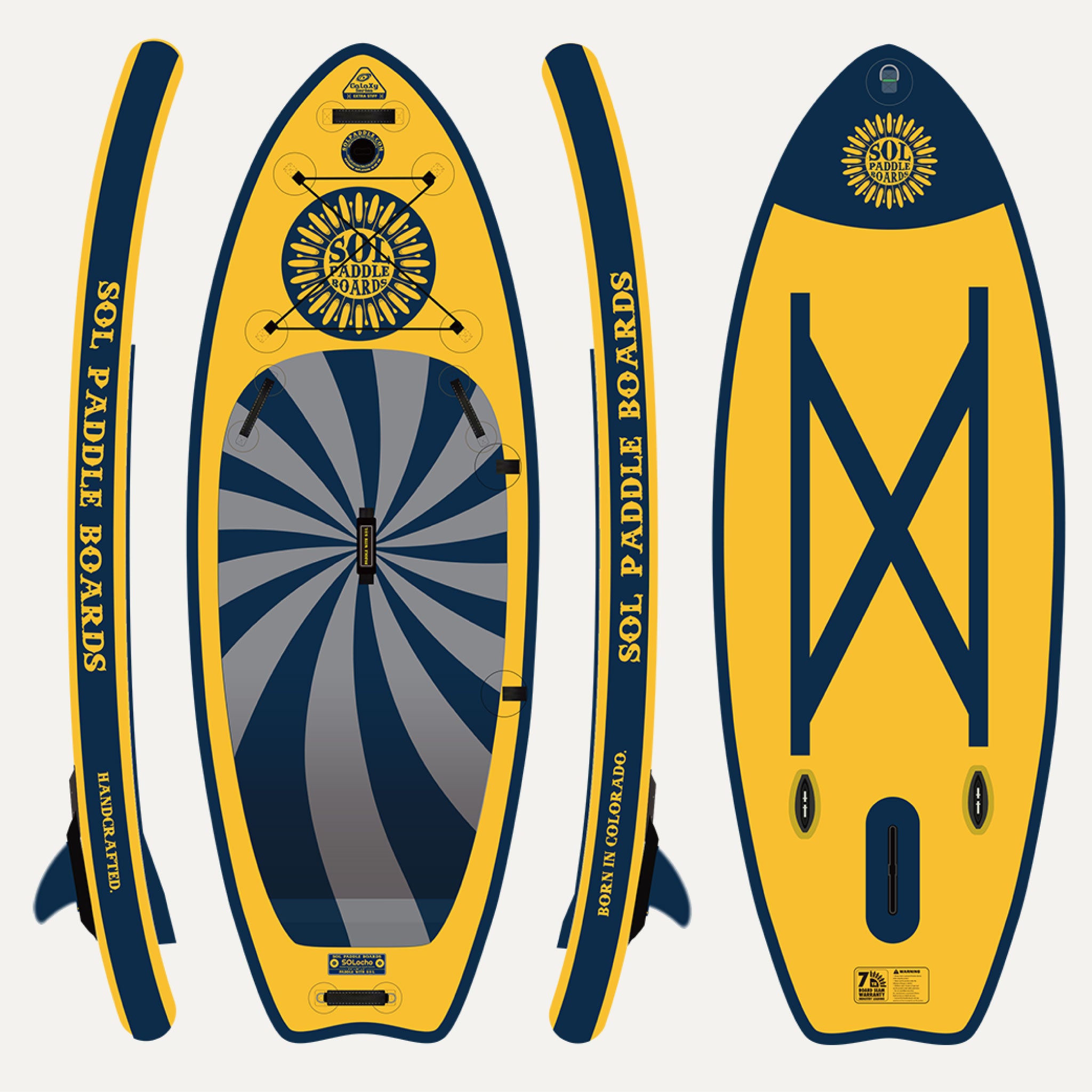GalaXy SOLriverocho Inflatable Paddle Board showcasing all four sides of the SUP board