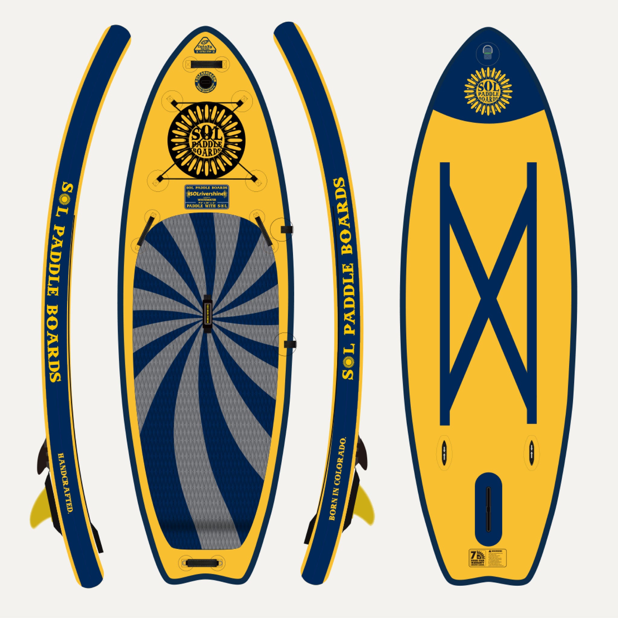 GalaXy SOLrivershine Inflatable Paddle Board showcasing all four sides of the SUP board