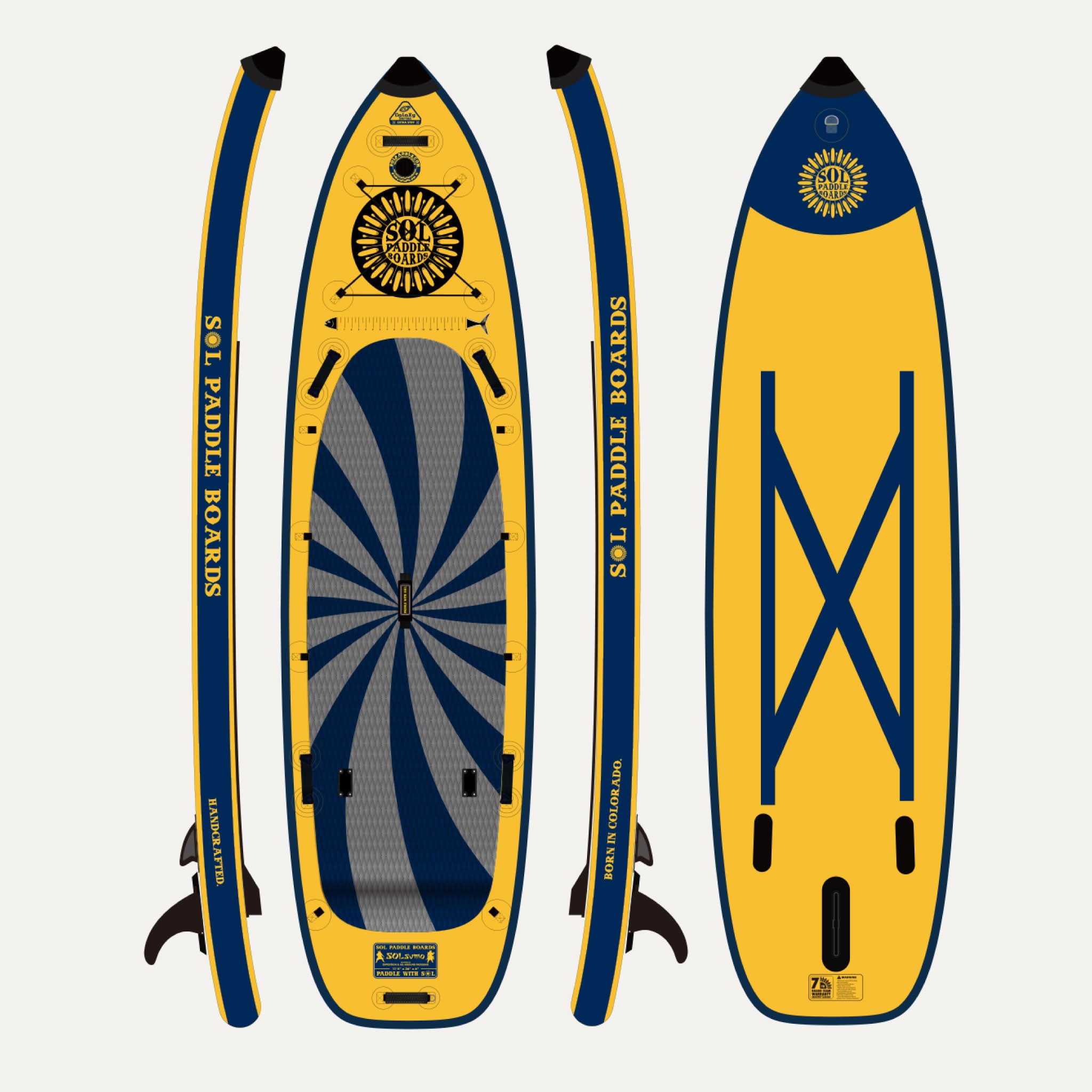 GalaXy SOLsumo Inflatable Paddle Board showcasing all four sides of the SUP board