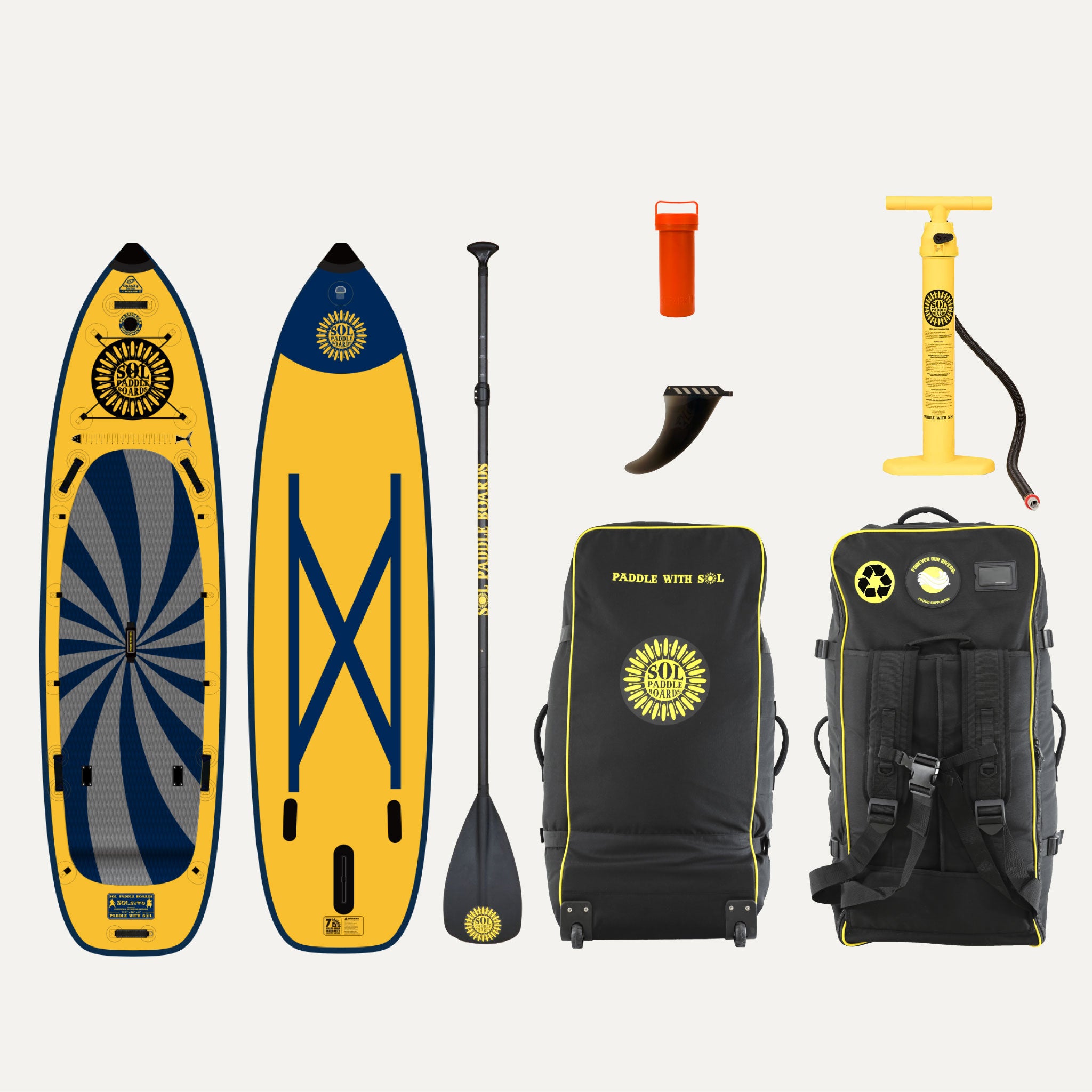 GalaXy SOLsumo Inflatable Paddle Board showcasing the top and bottom views of the SUP board and the accessories that come with it