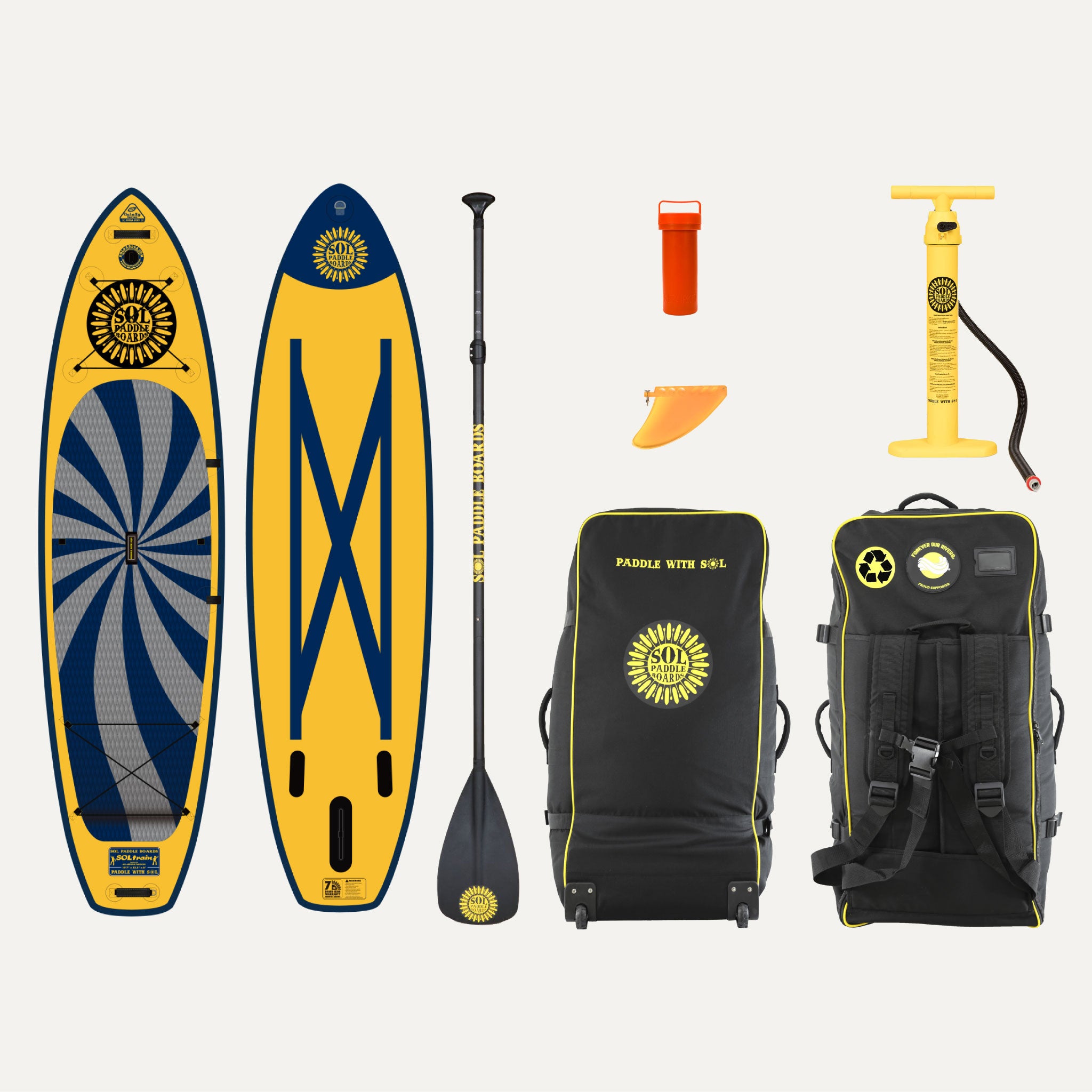 GalaXy SOLtrain Inflatable Paddle Board showcasing the top and bottom views of the SUP board and the accessories that come with it
