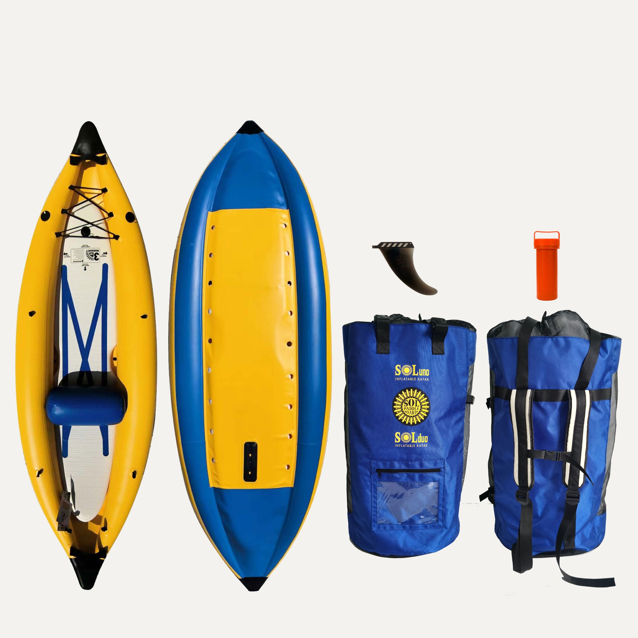 GalaXy SOLuno Single Inflatable Kayak showcasing the top and bottom views of the kayak and the accessories that come with it