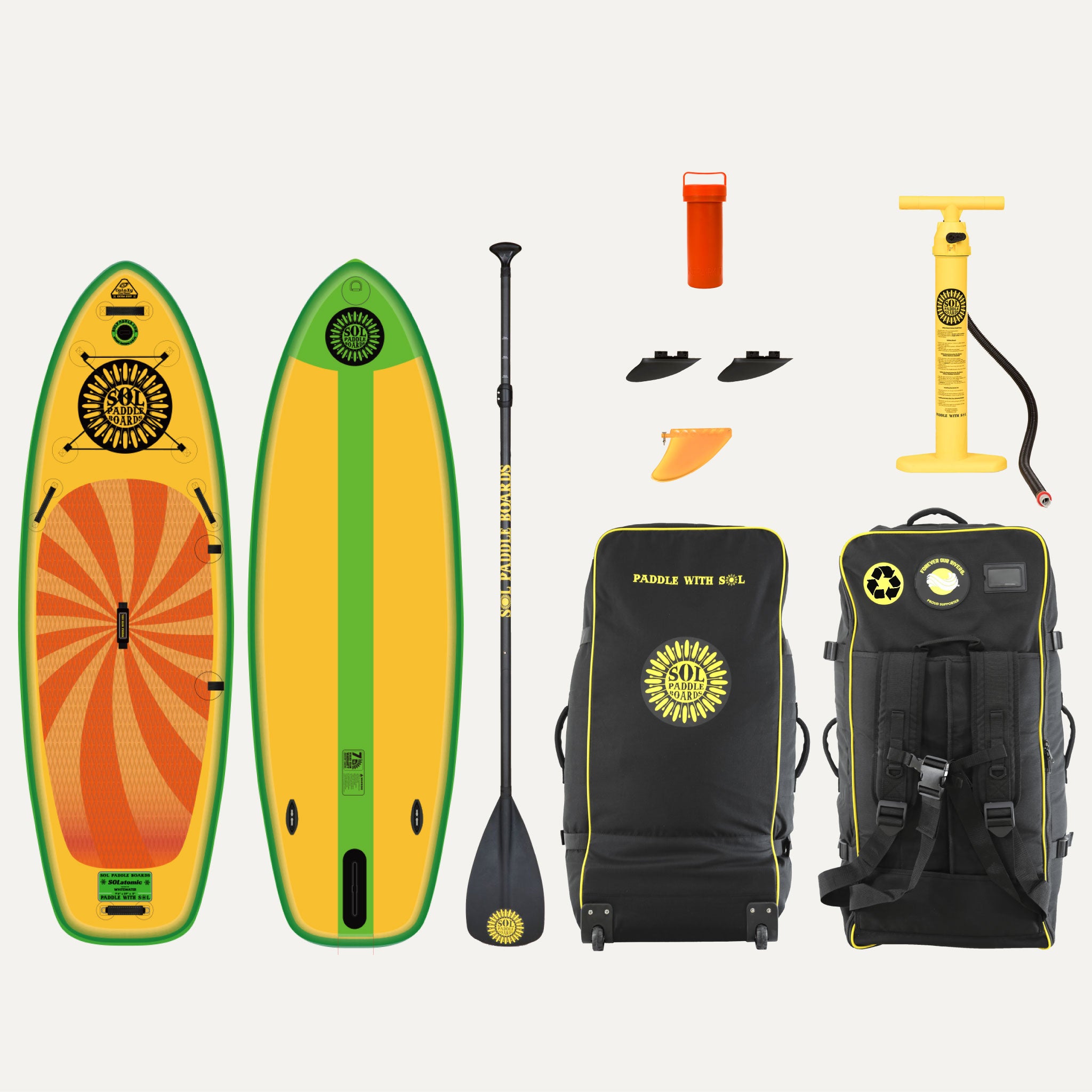 Infinity SOLatomic Inflatable Paddle Board showcasing the top and bottom views of the SUP board and the accessories that come with it