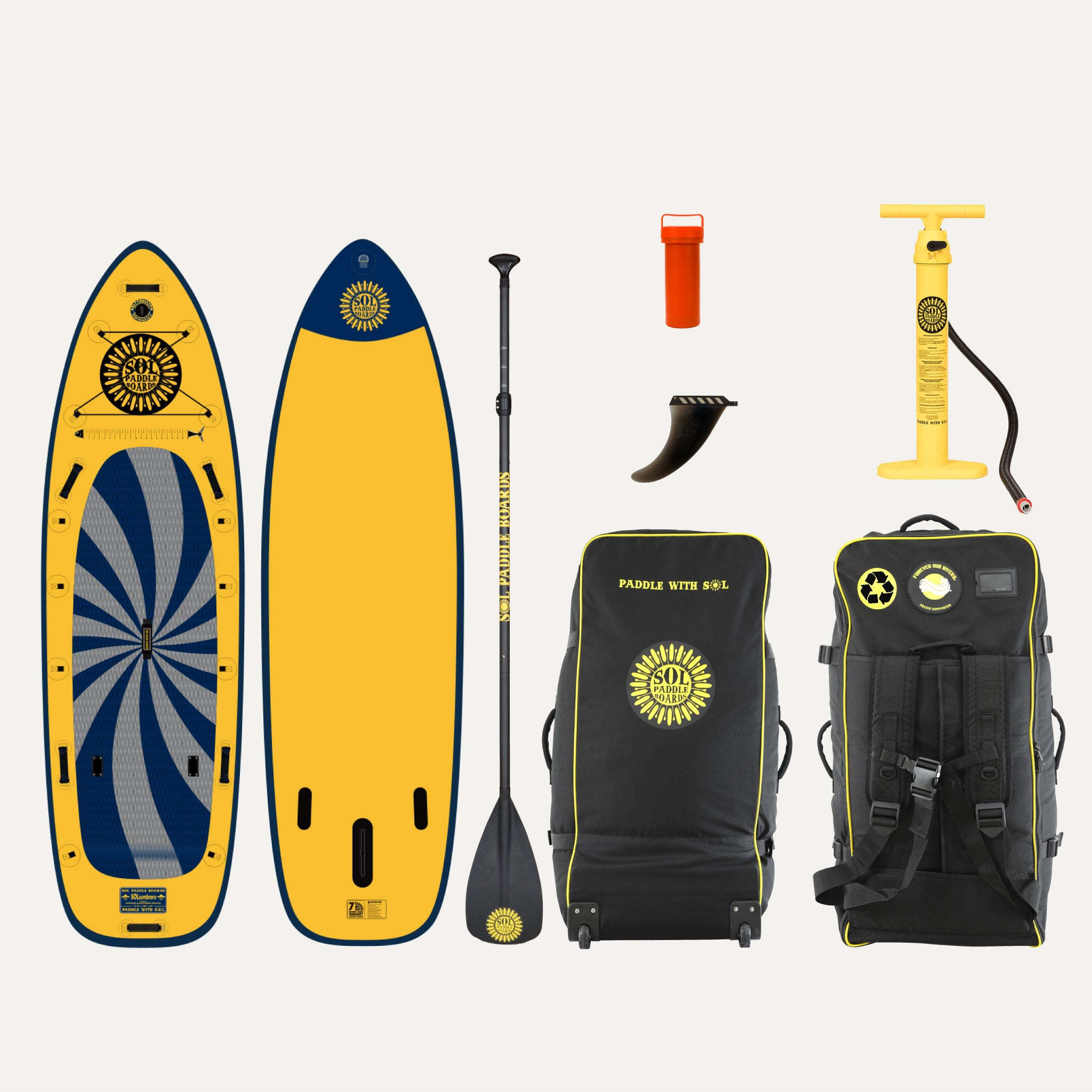 Infinity SOLsombrero Inflatable Paddle Board showcasing the top and bottom views of the SUP board and the accessories that come with it