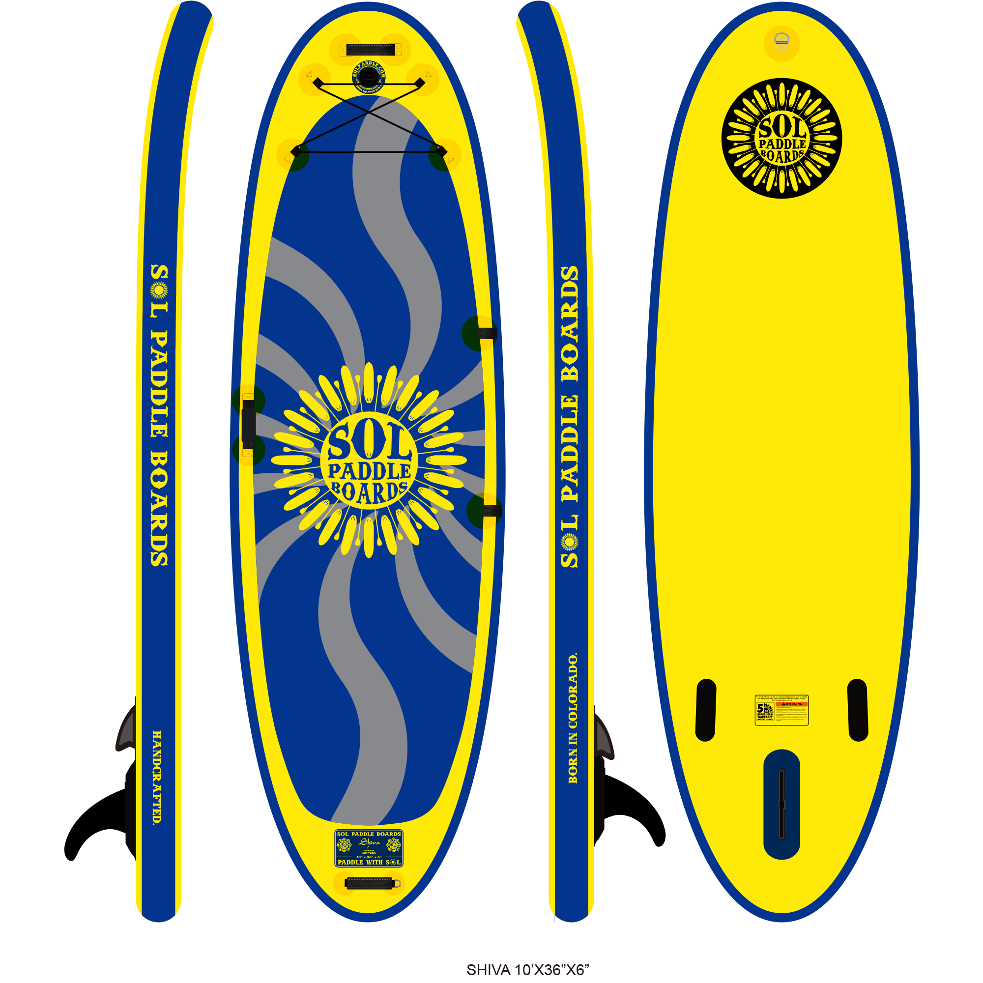 SOLshiva Inflatable Paddle Board showcasing all four sides of the SUP board.