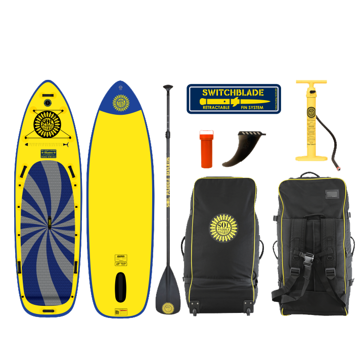 Infinity SOLsombrero Inflatable Paddle Board showcasing the top and bottom views of the SUP board and the accessories that come with it.