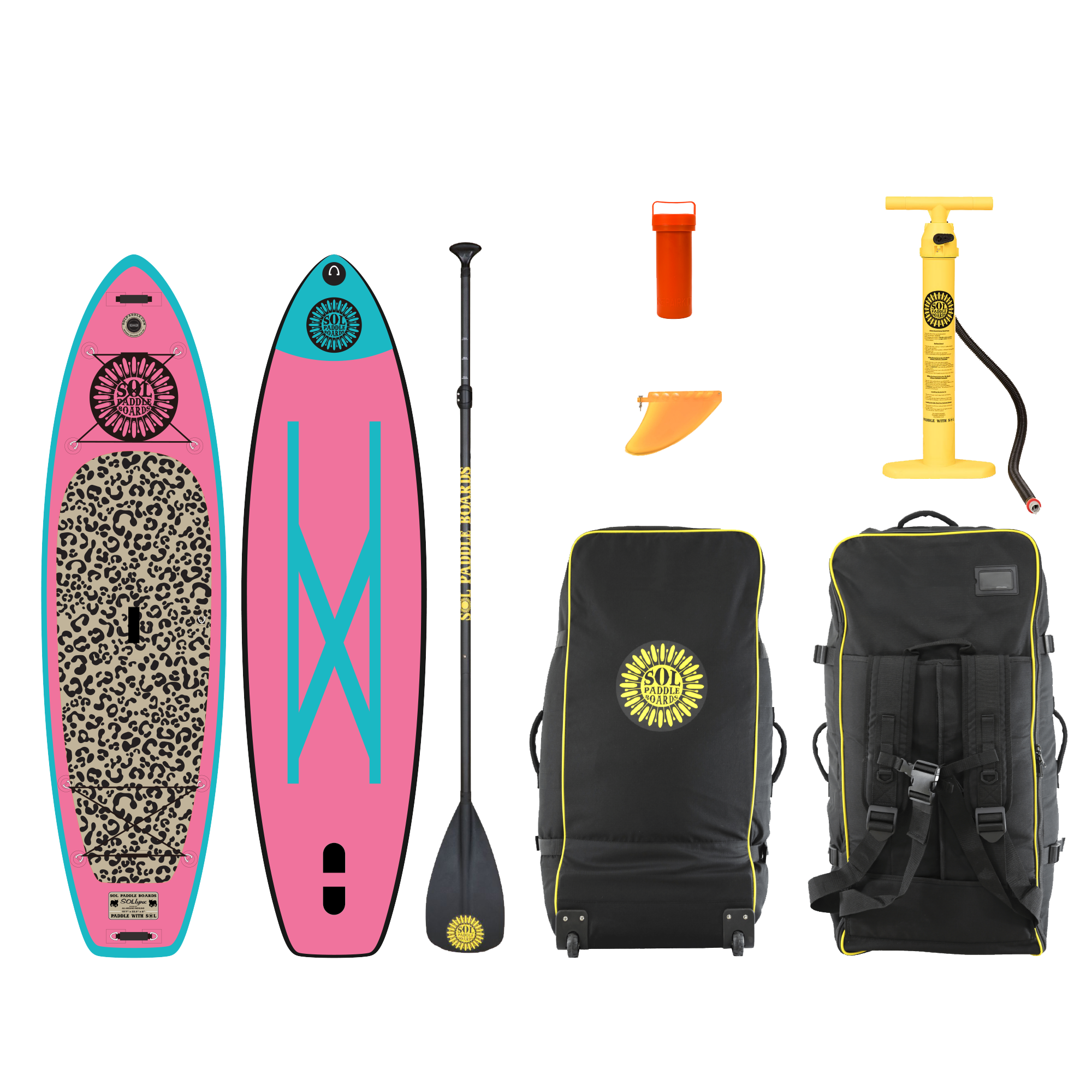 GalaXy SOLlynx Inflatable Paddle Board showcasing two sides of the SUP board with accessories.