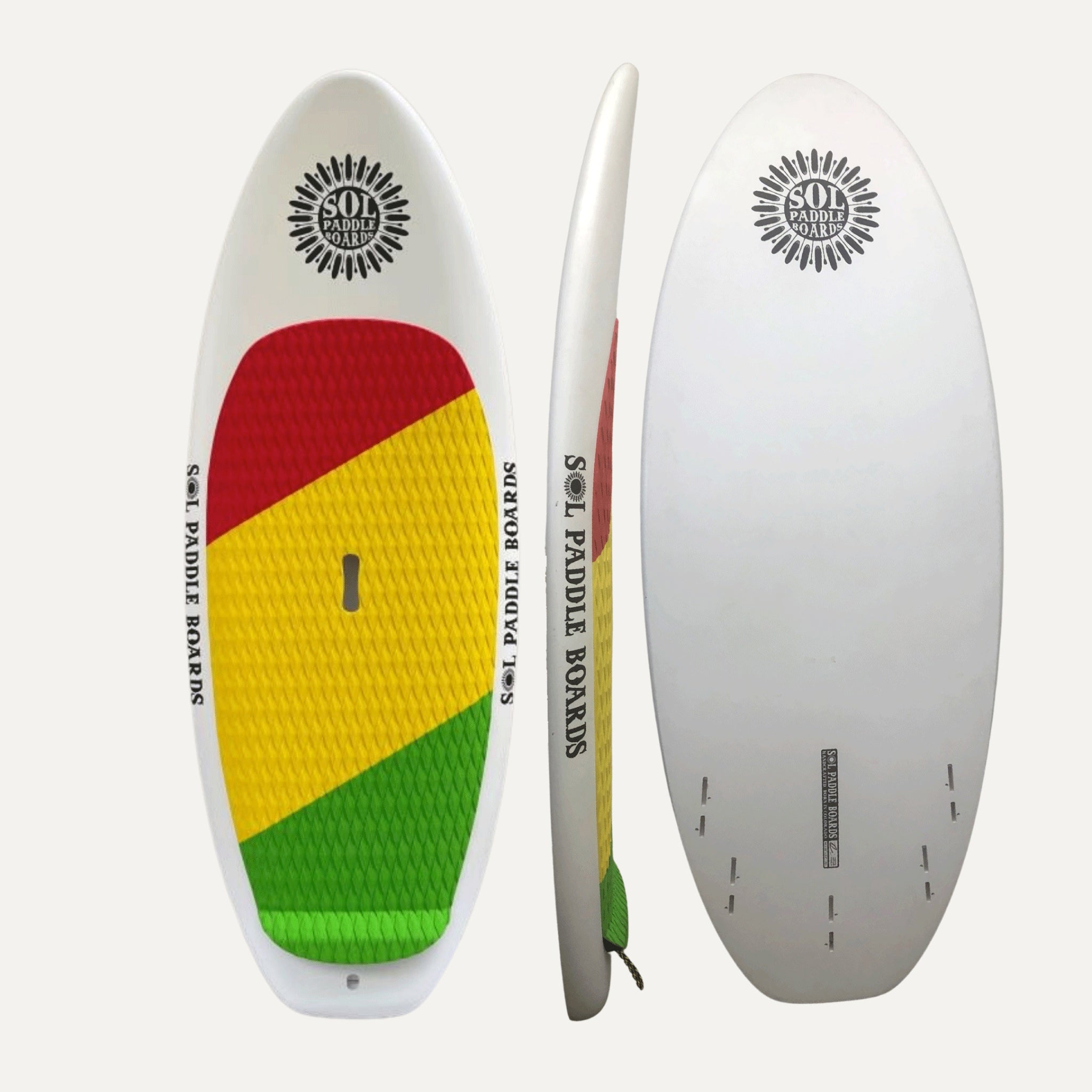 SOLscepter Epoxy Prone River Surfboard showcasing three sides of the river surfboard