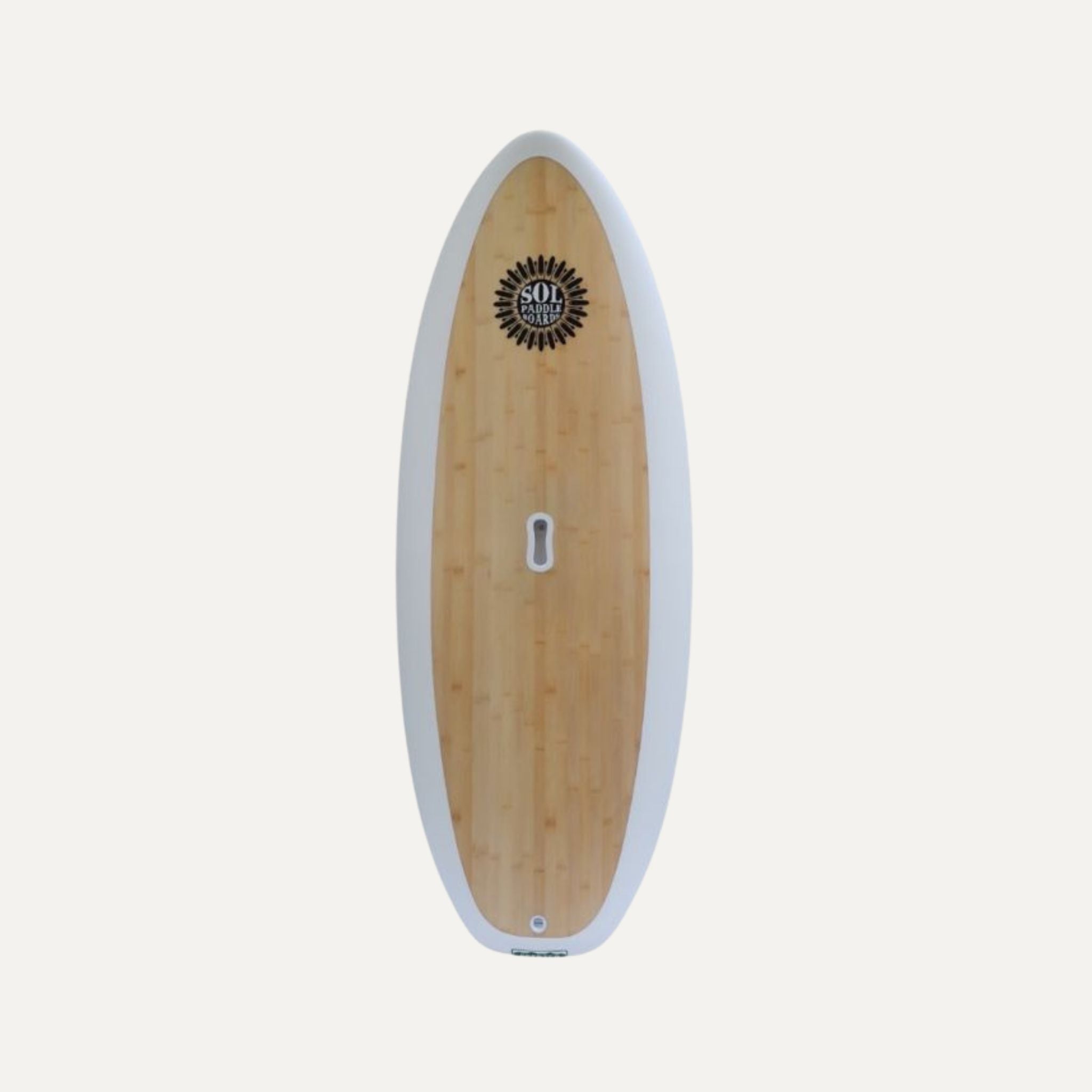 Top view of the SOL Paddle Boards' SOLscepterXL Epoxy Prone River Surfboard featuring a sleek, oval-shaped design with a light wood finish and a white border. The board has a central handle slot and the SOL Paddle Boards logo near the top end.