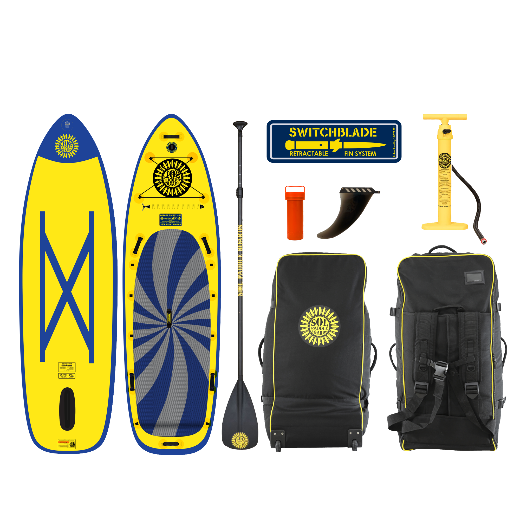Infinity SOLsombrero Inflatable Paddle Board showcasing the top and bottom views of the SUP board and the accessories that come with it.