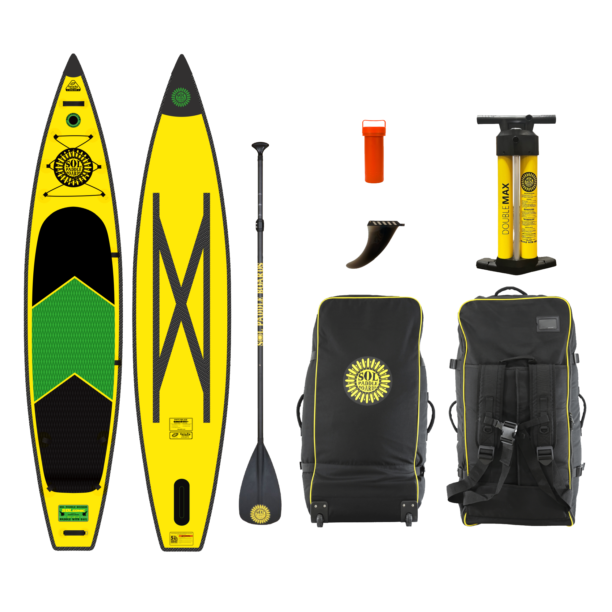 SOLsonic Paddle Board showcasing two sides of the SUP board plus all of the accessories it comes with.