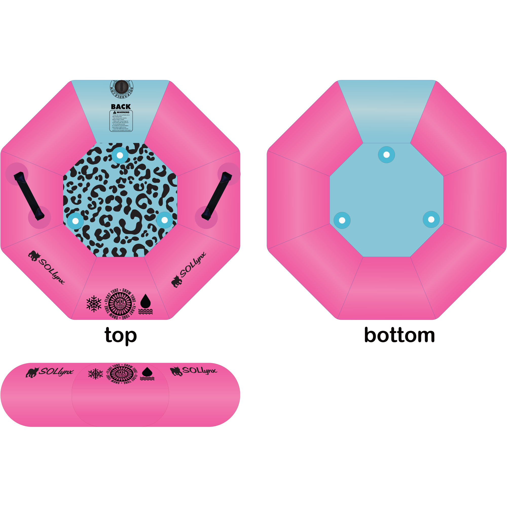 A top, bottom and side view of the pink lynx inflatable SOLtube.