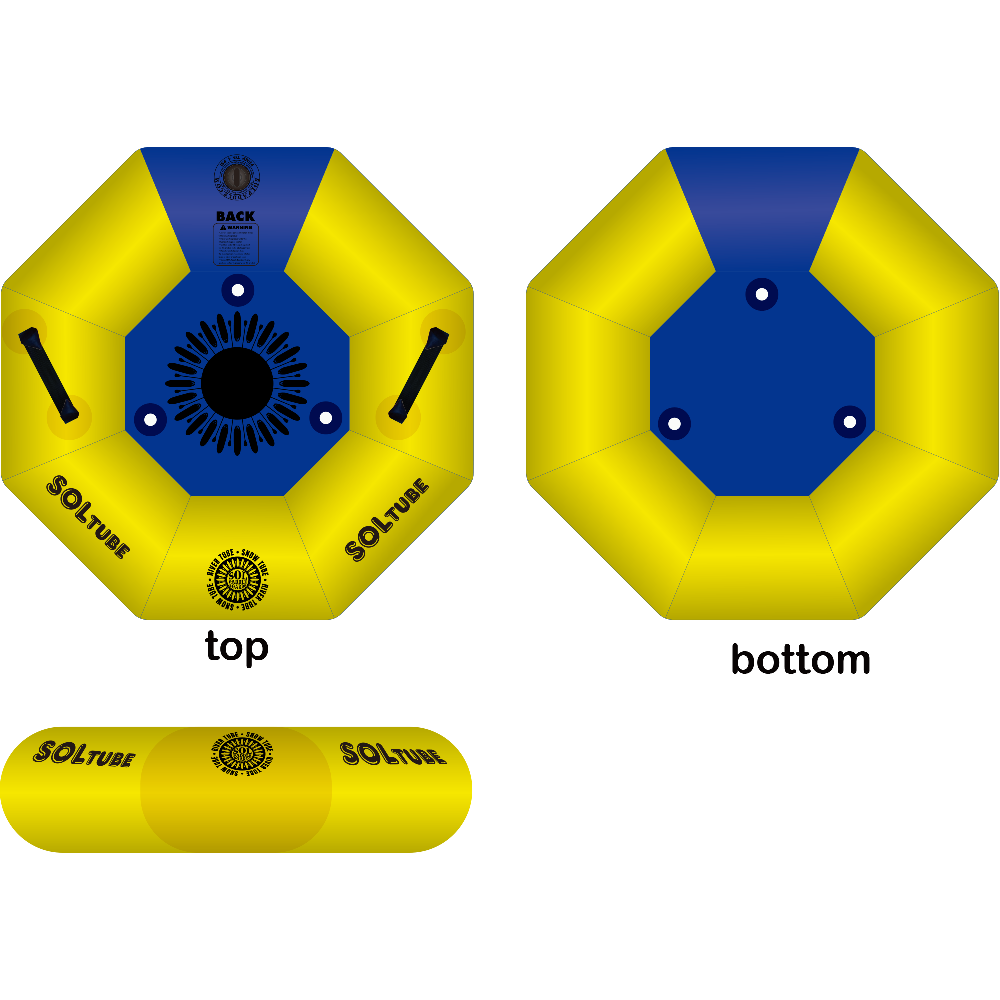 A top, bottom and side view of the yellow inflatable SOLtube.