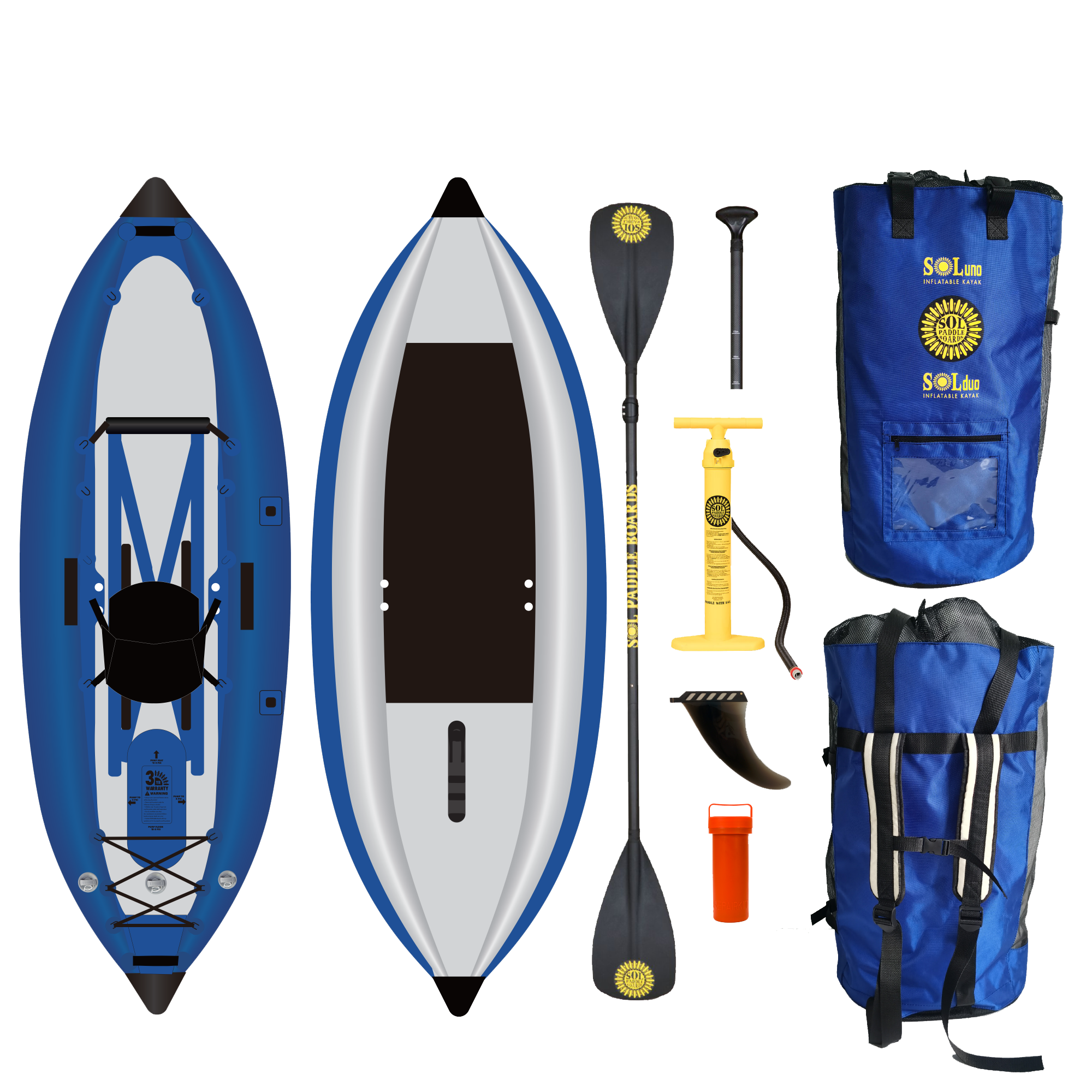 Two sides of the SOLuno Inflatable Kayak with all of the accessories it comes with.